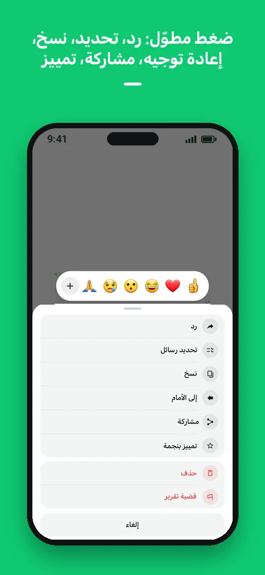 ضغط مطوّل: رد، تحديد، نسخ، إعادة توجيه، مشاركة، تمييز — Haydai