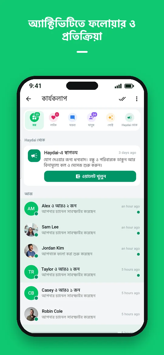 অ্যাক্টিভিটিতে ফলোয়ার ও প্রতিক্রিয়া — Haydai