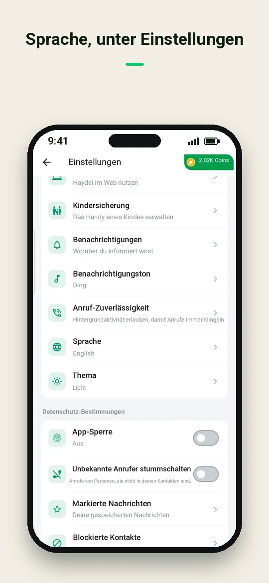 Sprache, unter Einstellungen — Haydai