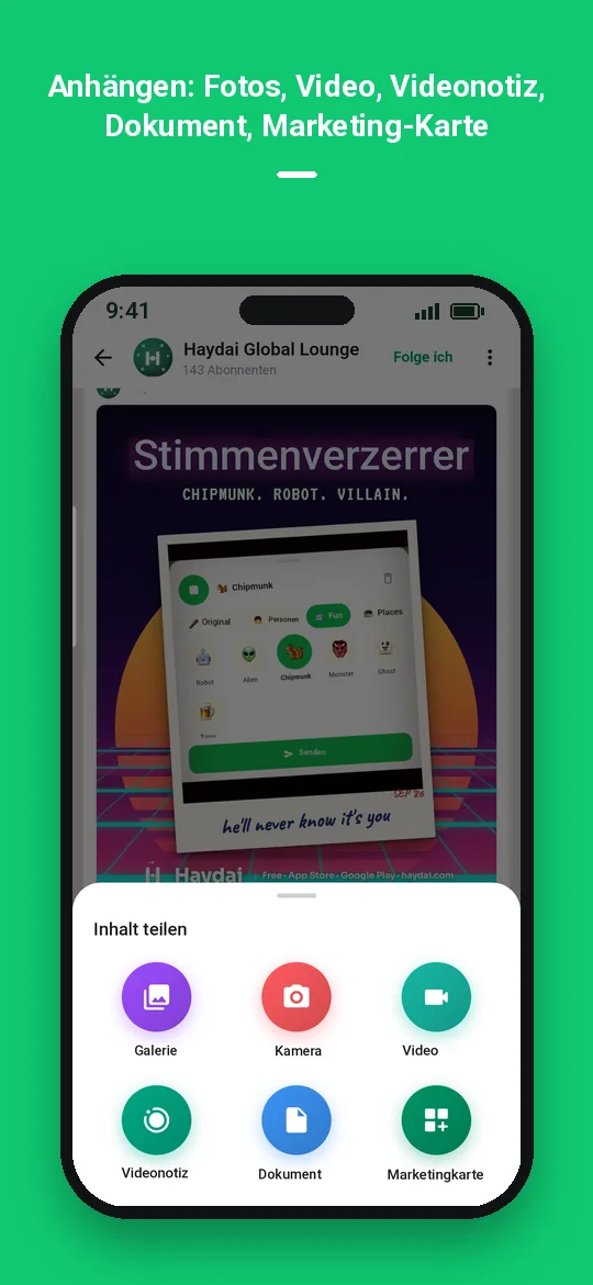 Anhängen: Fotos, Video, Videonotiz, Dokument, Marketing-Karte — Haydai