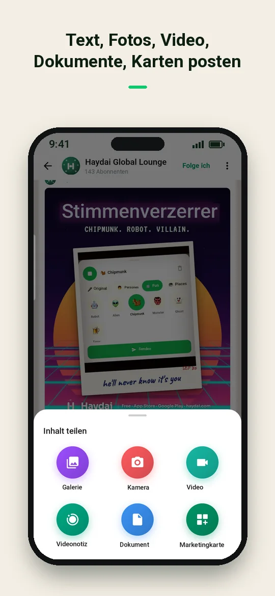 Text, Fotos, Video, Dokumente, Karten posten — Haydai