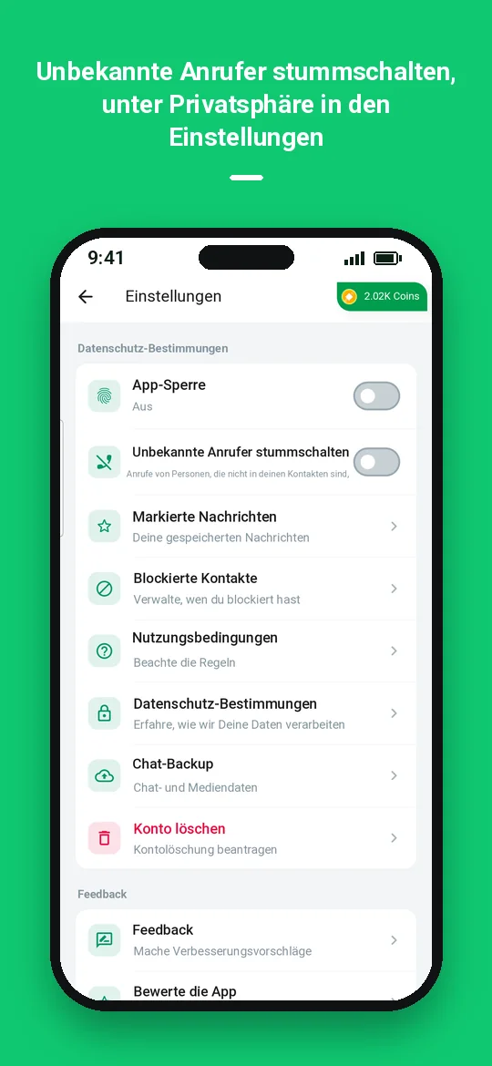 Unbekannte Anrufer stummschalten, unter Privatsphäre in den Einstellungen — Haydai