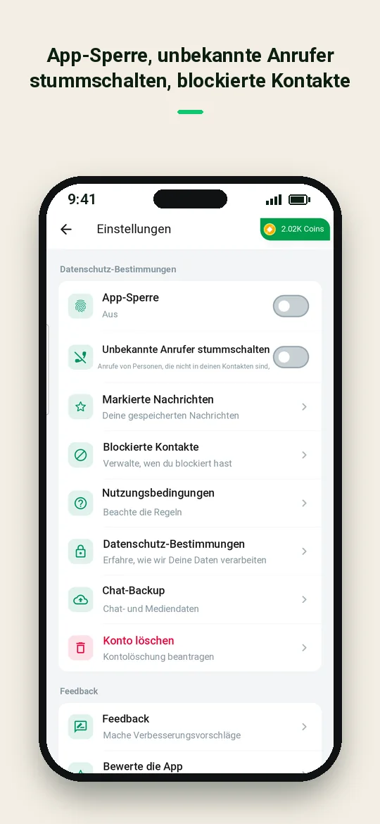 App-Sperre, unbekannte Anrufer stummschalten, blockierte Kontakte — Haydai