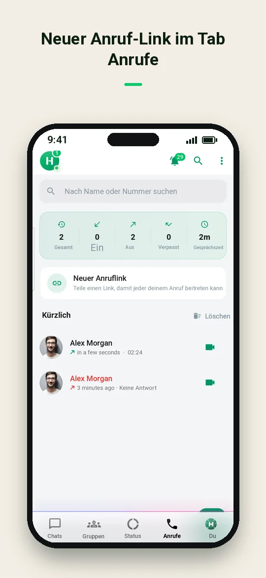 Neuer Anruf-Link im Tab Anrufe — Haydai