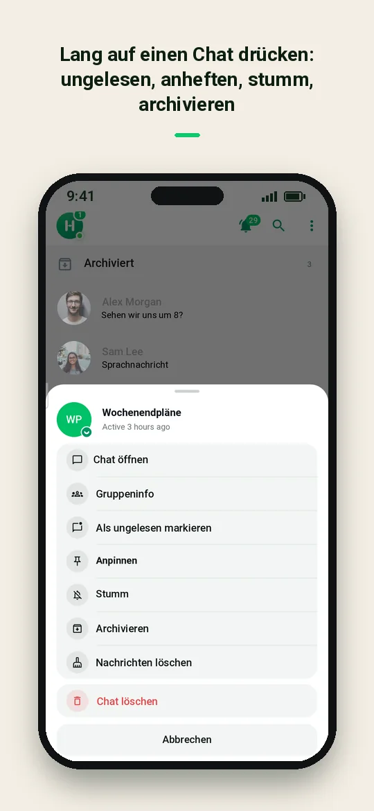 Lang auf einen Chat drücken: ungelesen, anheften, stumm, archivieren — Haydai