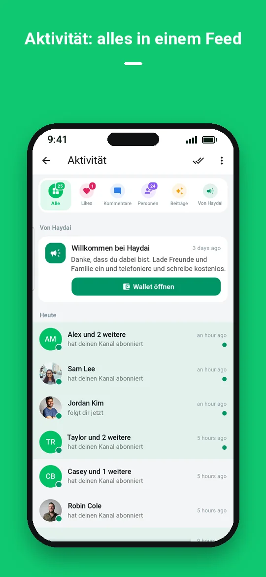 Aktivität: alles in einem Feed — Haydai