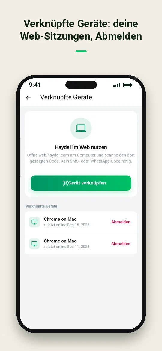 Verknüpfte Geräte: deine Web-Sitzungen, Abmelden — Haydai