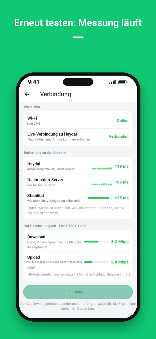 Erneut testen: Messung läuft — Haydai