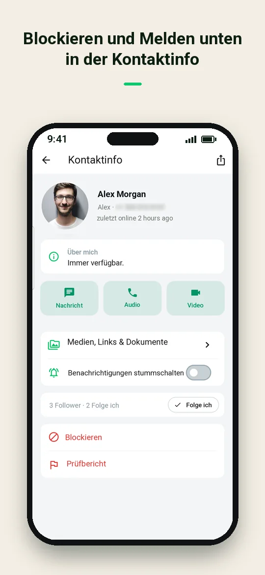 Blockieren und Melden unten in der Kontaktinfo — Haydai
