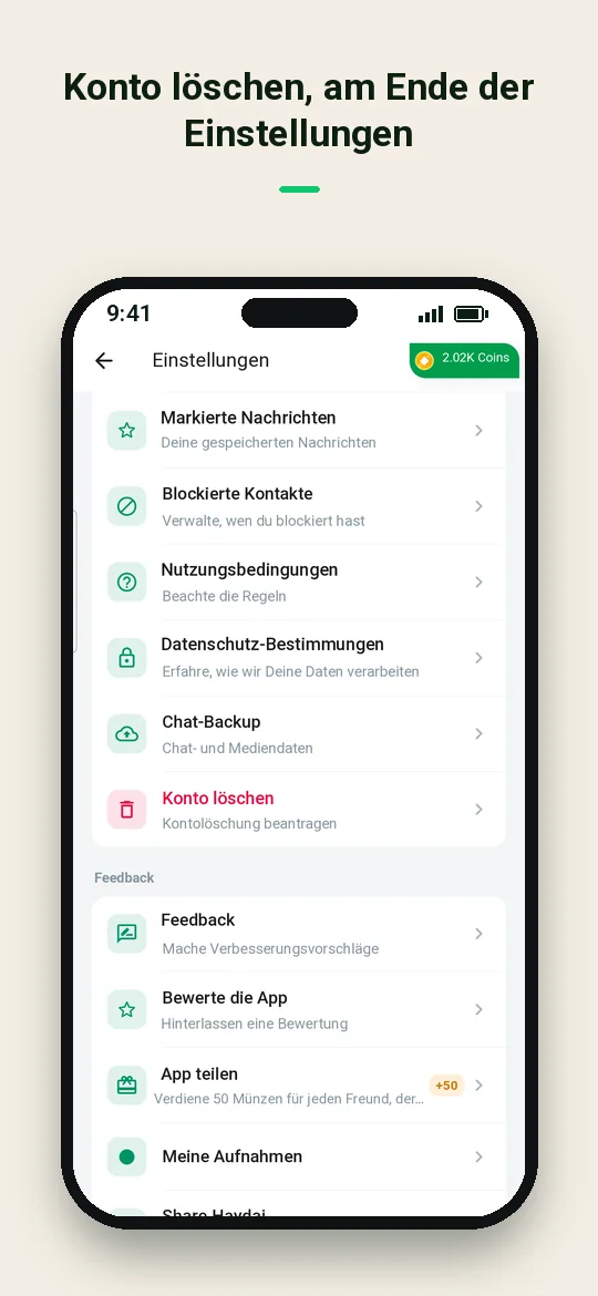 Konto löschen, am Ende der Einstellungen — Haydai