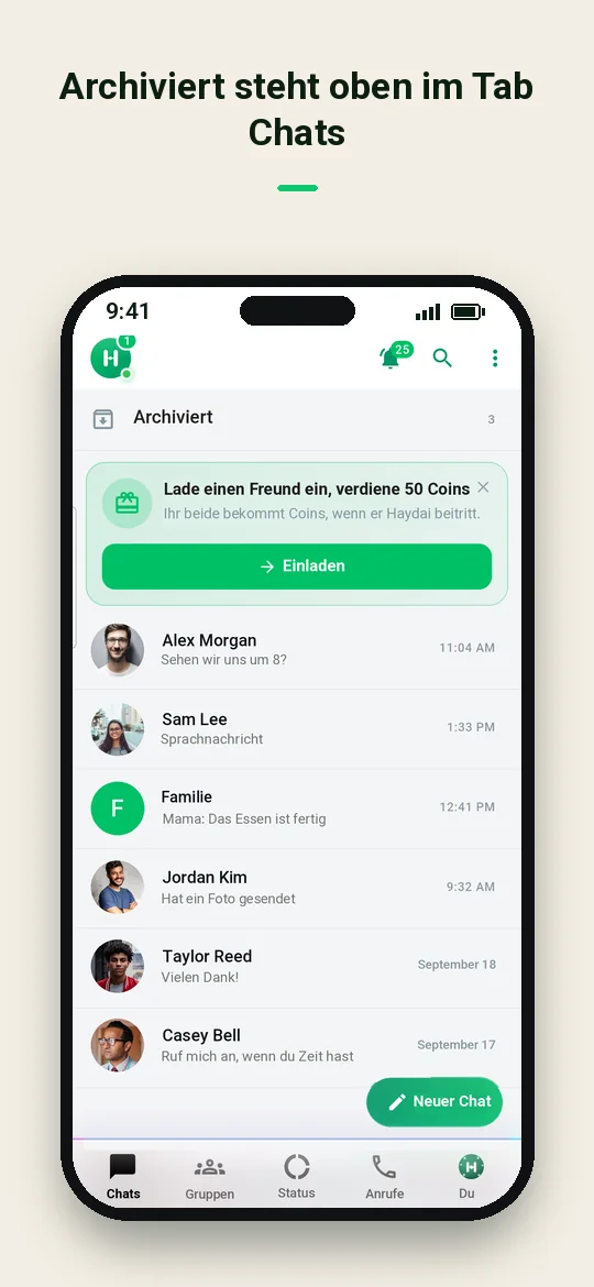 Archiviert steht oben im Tab Chats — Haydai