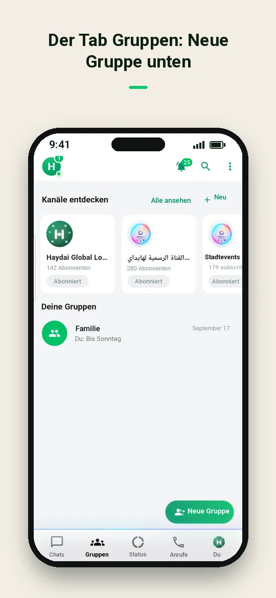 Der Tab Gruppen: Neue Gruppe unten — Haydai