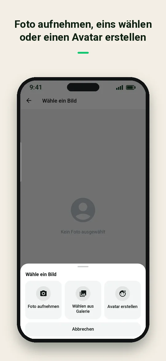 Foto aufnehmen, eins wählen oder einen Avatar erstellen — Haydai