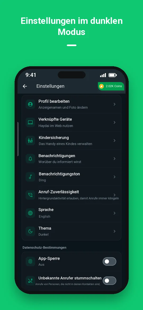 Einstellungen im dunklen Modus — Haydai