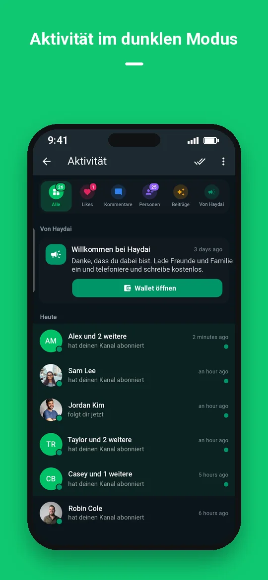 Aktivität im dunklen Modus — Haydai