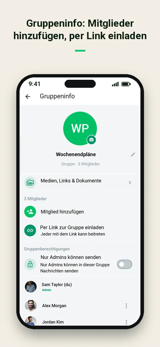 Gruppeninfo: Mitglieder hinzufügen, per Link einladen — Haydai