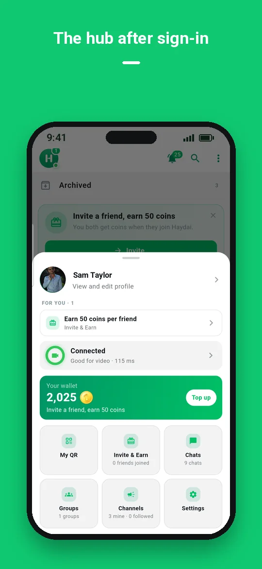 The hub after sign-in — Haydai