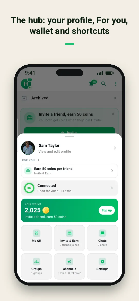 The hub: your profile, For you, wallet and shortcuts — Haydai