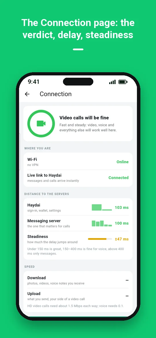 The Connection page: the verdict, delay, steadiness — Haydai