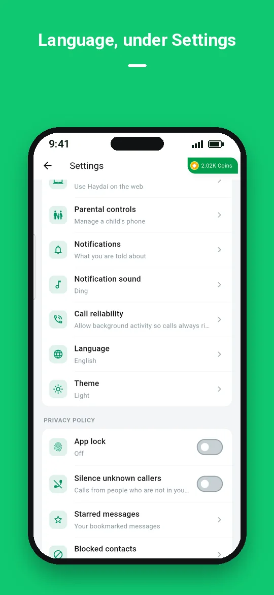 Language, under Settings — Haydai