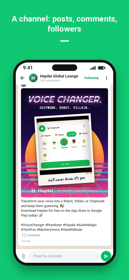 A channel: posts, comments, followers — Haydai
