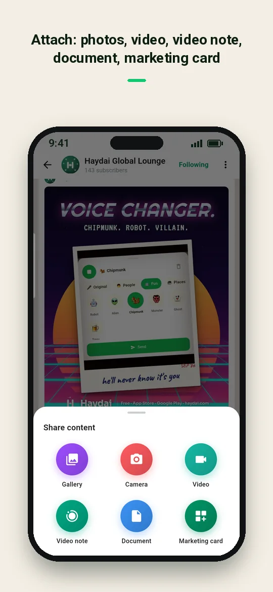 Attach: photos, video, video note, document, marketing card — Haydai