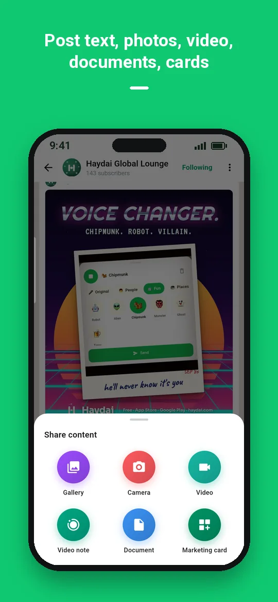 Post text, photos, video, documents, cards — Haydai