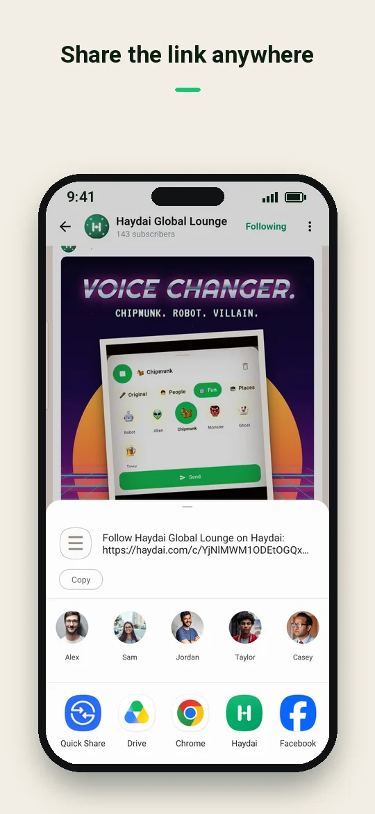 Share the link anywhere — Haydai