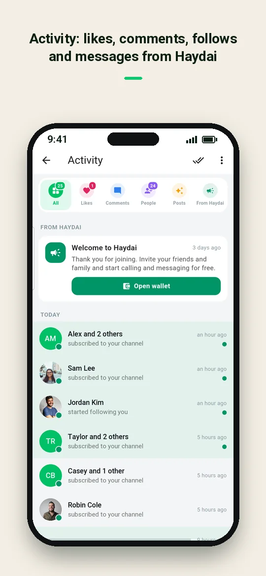 Activity: likes, comments, follows and messages from Haydai — Haydai