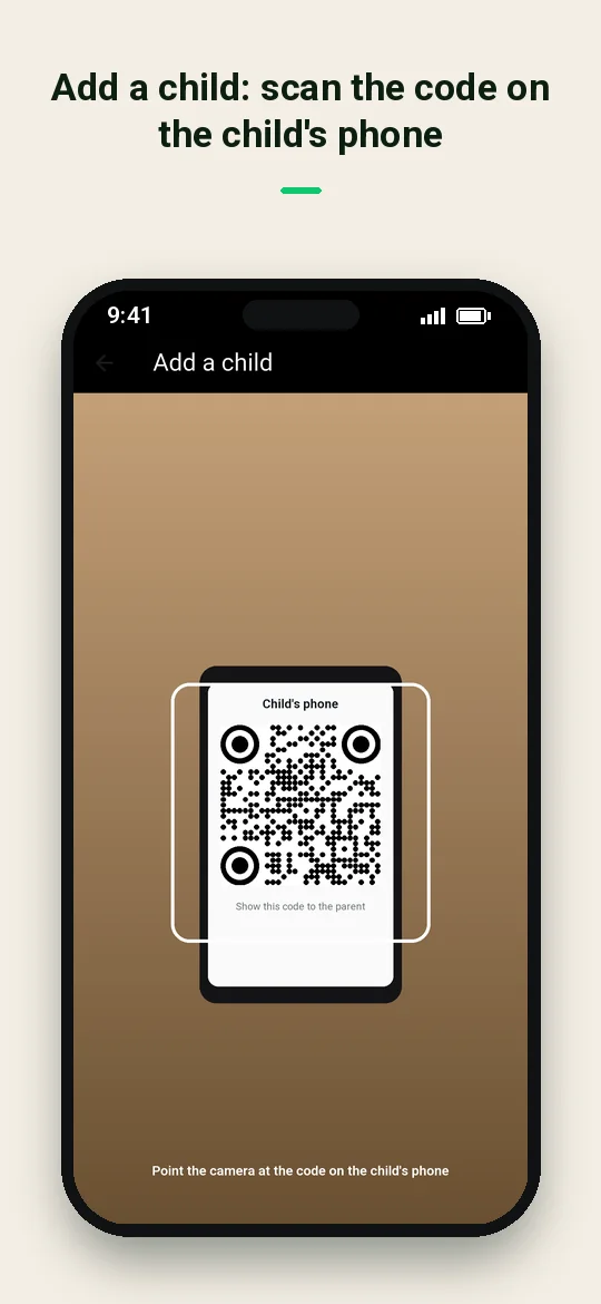 Add a child: scan the code on the child's phone — Haydai