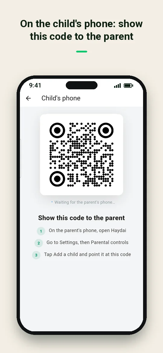 On the child's phone: show this code to the parent — Haydai