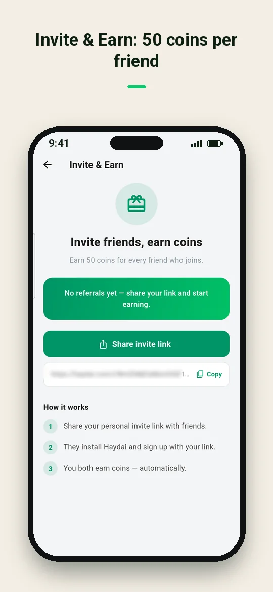 Invite & Earn: 50 coins per friend — Haydai
