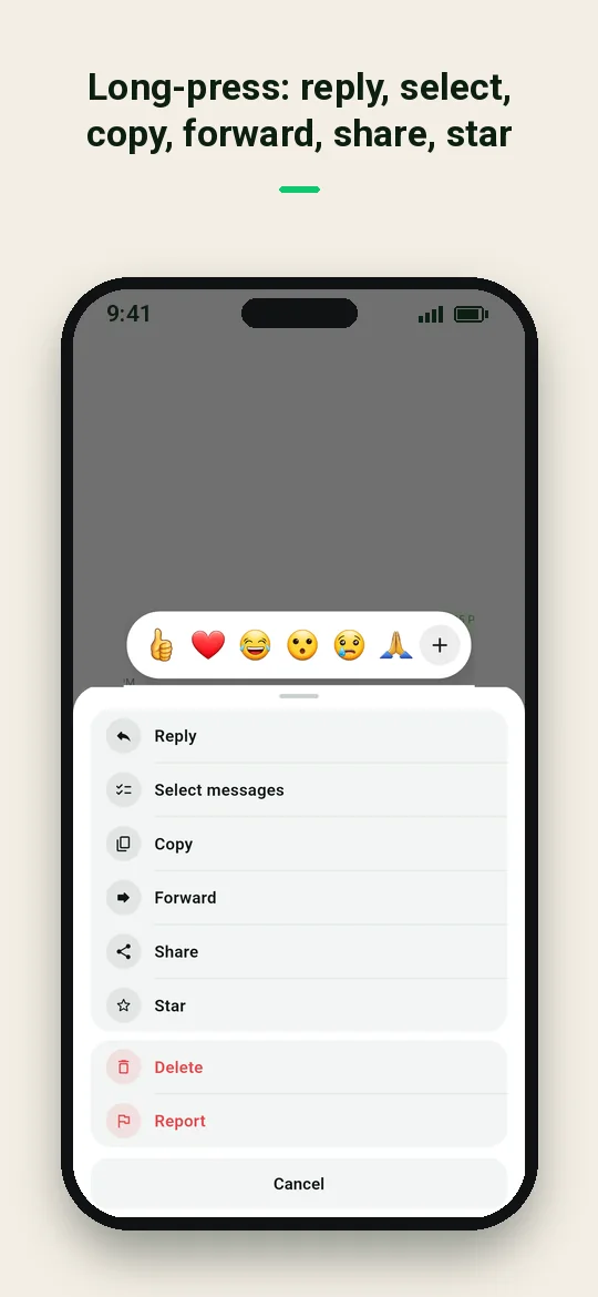 Long-press: reply, select, copy, forward, share, star — Haydai