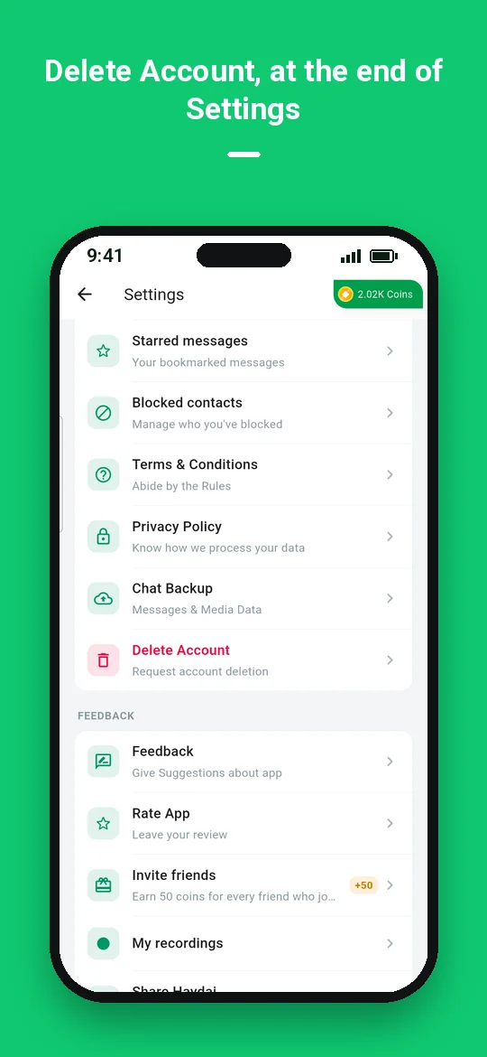 Delete Account, at the end of Settings — Haydai