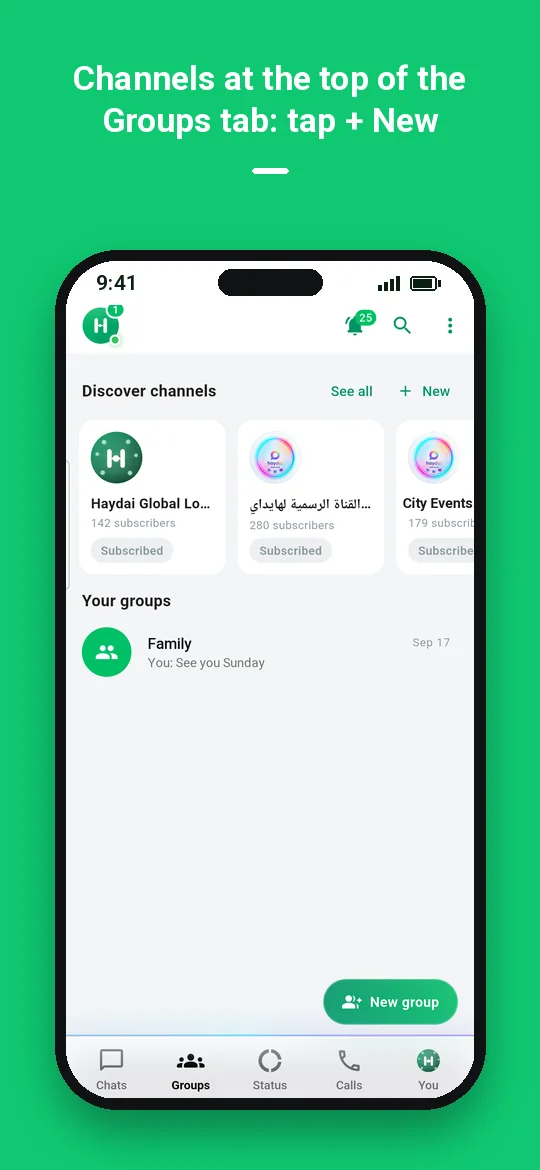 Channels at the top of the Groups tab: tap + New — Haydai