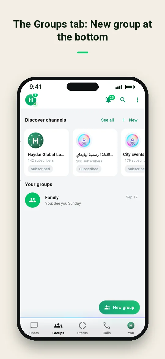 The Groups tab: New group at the bottom — Haydai