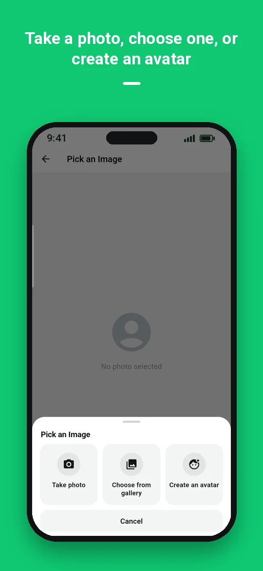 Take a photo, choose one, or create an avatar — Haydai