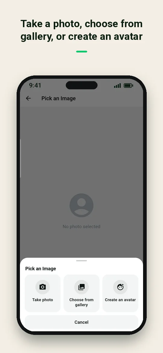 Take a photo, choose from gallery, or create an avatar — Haydai