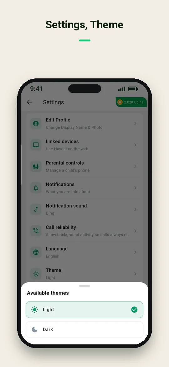Settings, Theme — Haydai