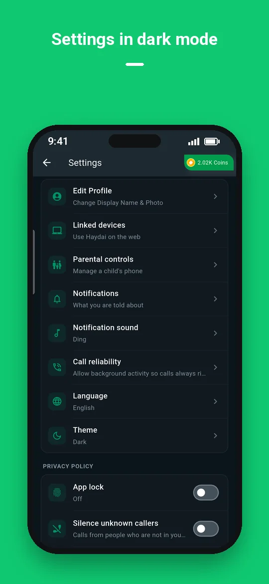 Settings in dark mode — Haydai