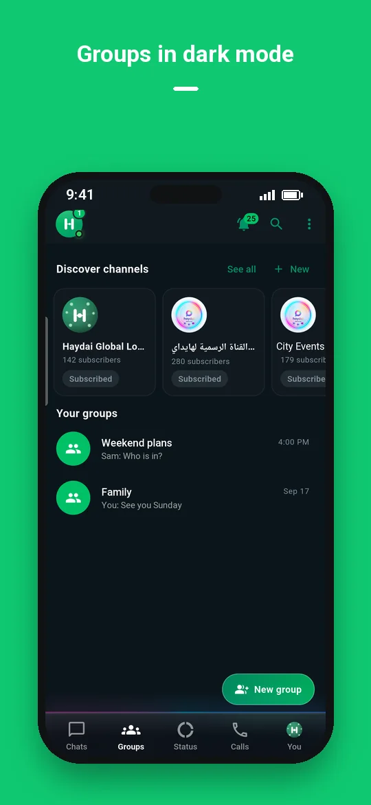 Groups in dark mode — Haydai