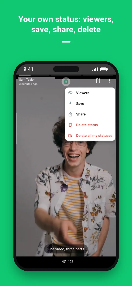 Your own status: viewers, save, share, delete — Haydai