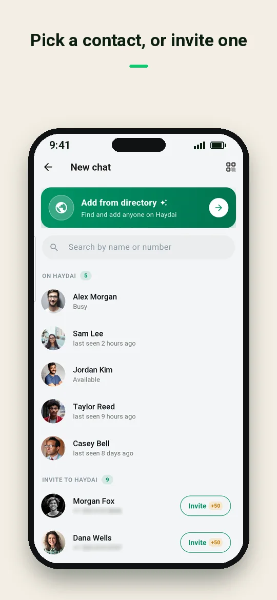 Pick a contact, or invite one — Haydai