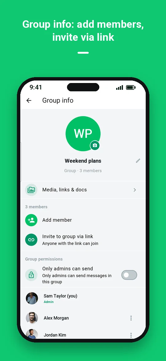 Group info: add members, invite via link — Haydai