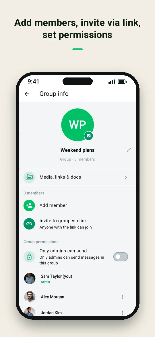 Add members, invite via link, set permissions — Haydai