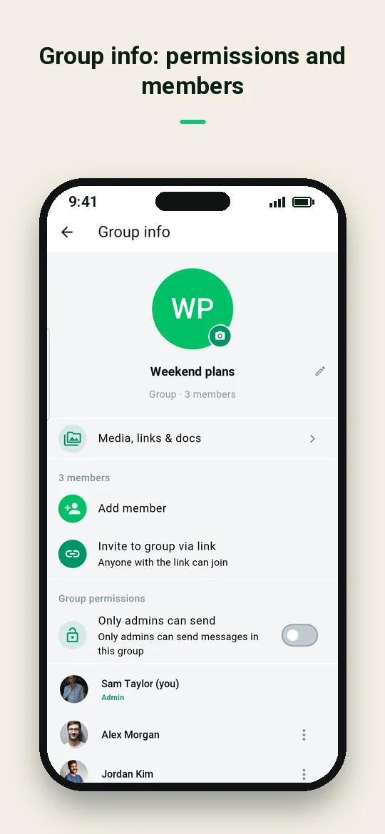 Group info: permissions and members — Haydai