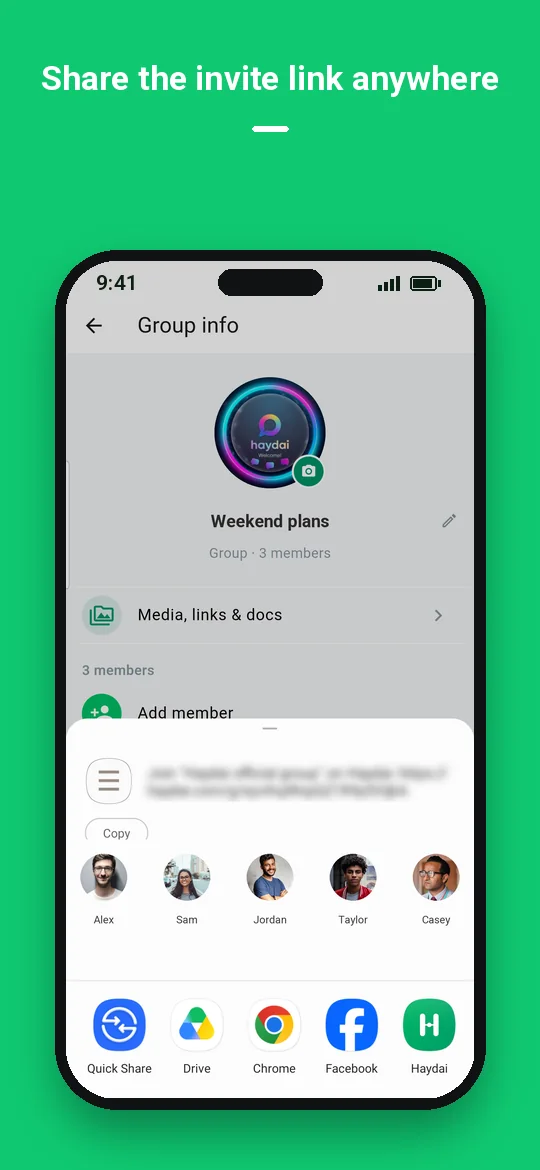 Share the invite link anywhere — Haydai