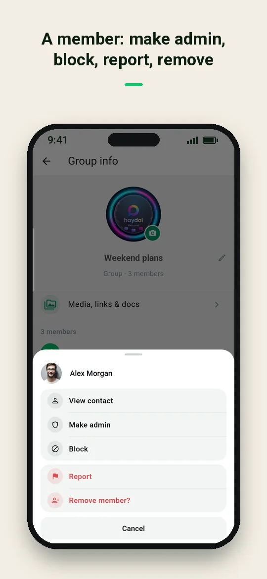 A member: make admin, block, report, remove — Haydai