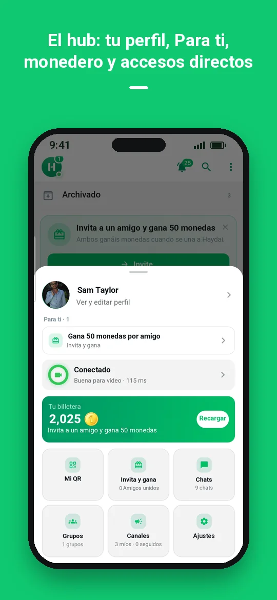El hub: tu perfil, Para ti, monedero y accesos directos — Haydai