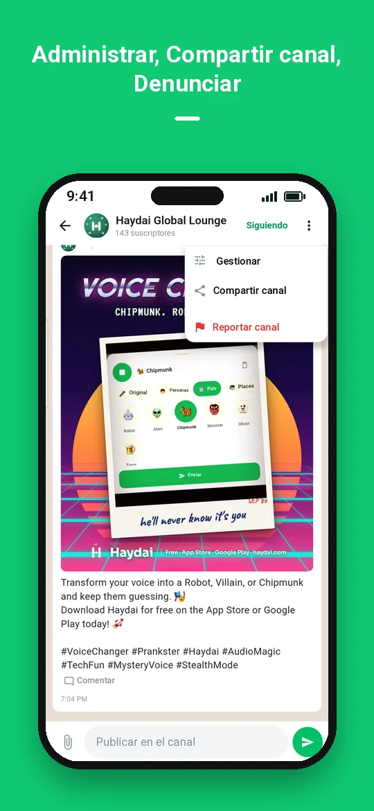 Administrar, Compartir canal, Denunciar — Haydai